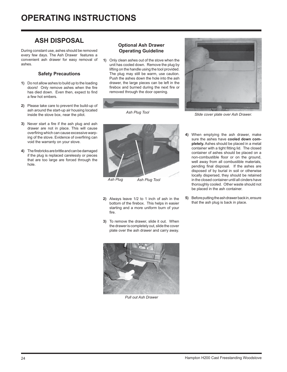 Operating instructions, Ash disposal | Hampton Direct H200 User Manual | Page 24 / 36