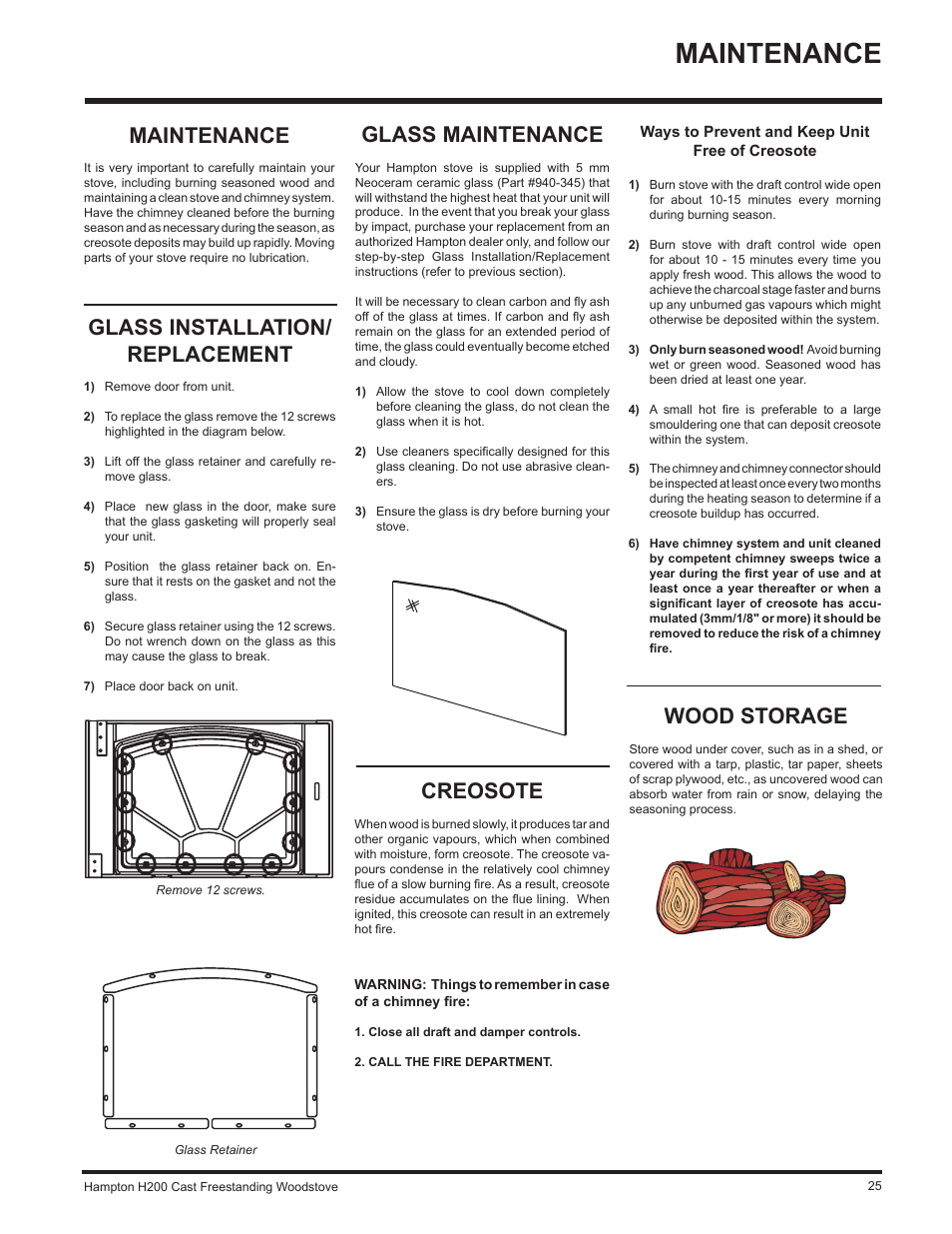 Glass installation/ replacement, Maintenance, Wood storage | Creosote, Glass maintenance | Hampton Direct H200 User Manual | Page 25 / 36