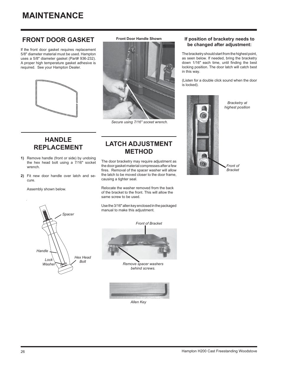 Maintenance, Handle replacement, Latch adjustment method | Front door gasket | Hampton Direct H200 User Manual | Page 26 / 36