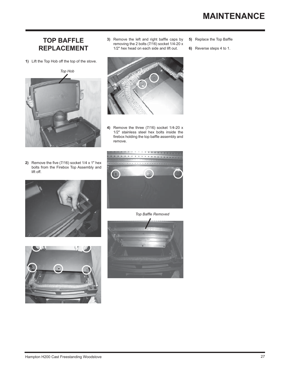 Maintenance, Top baffle replacement | Hampton Direct H200 User Manual | Page 27 / 36