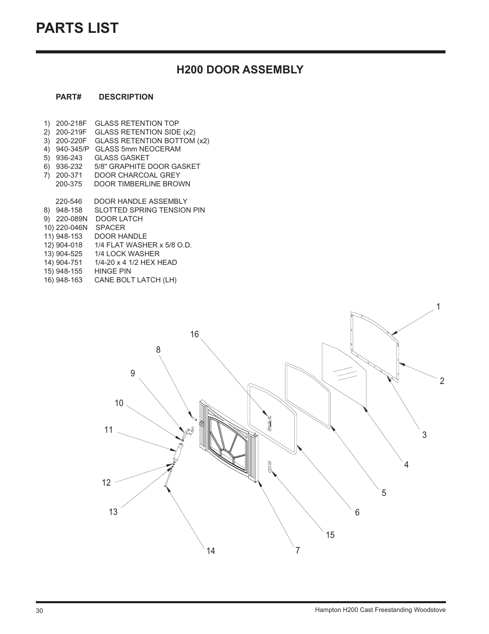 Parts list, H200 door assembly | Hampton Direct H200 User Manual | Page 30 / 36