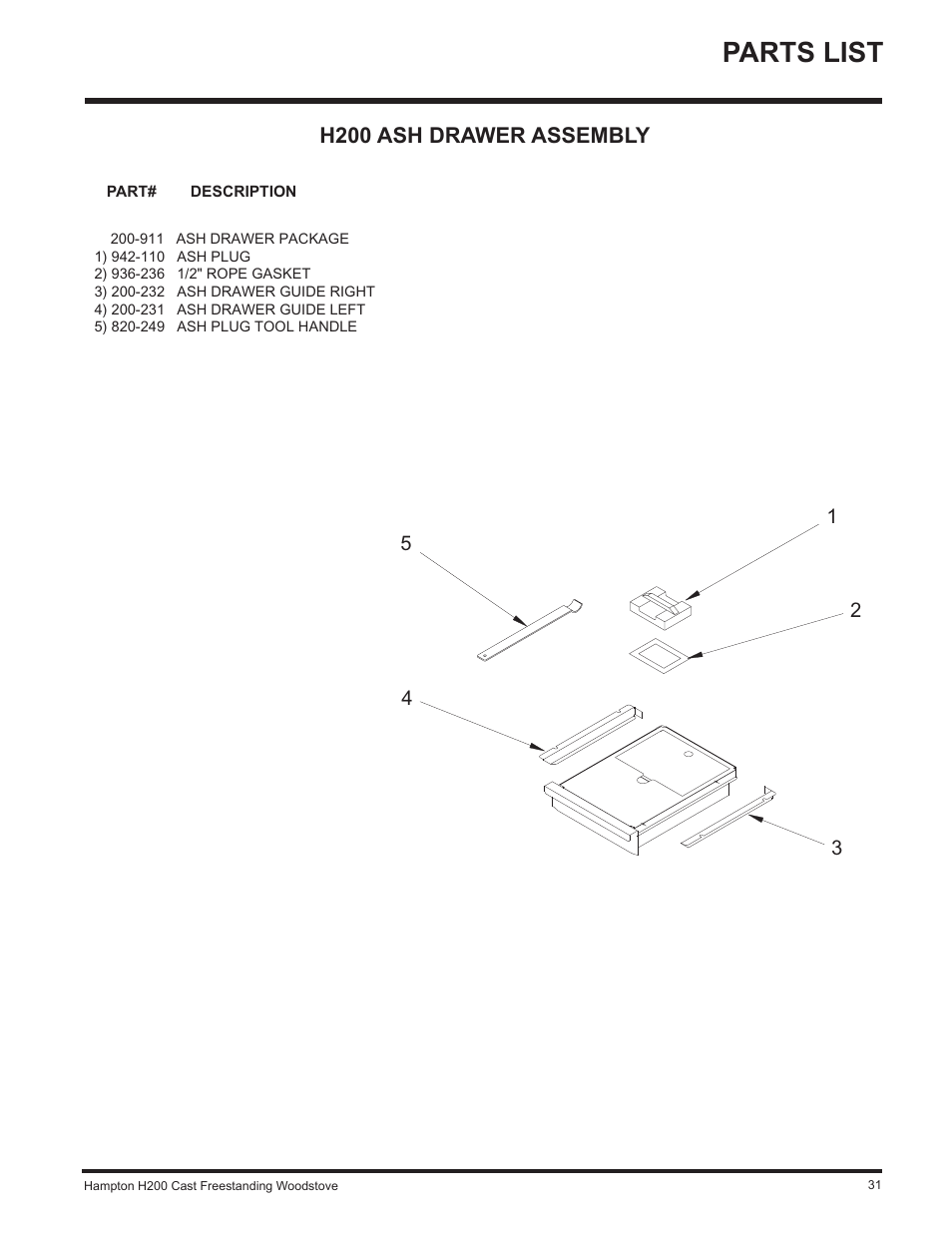 Parts list | Hampton Direct H200 User Manual | Page 31 / 36