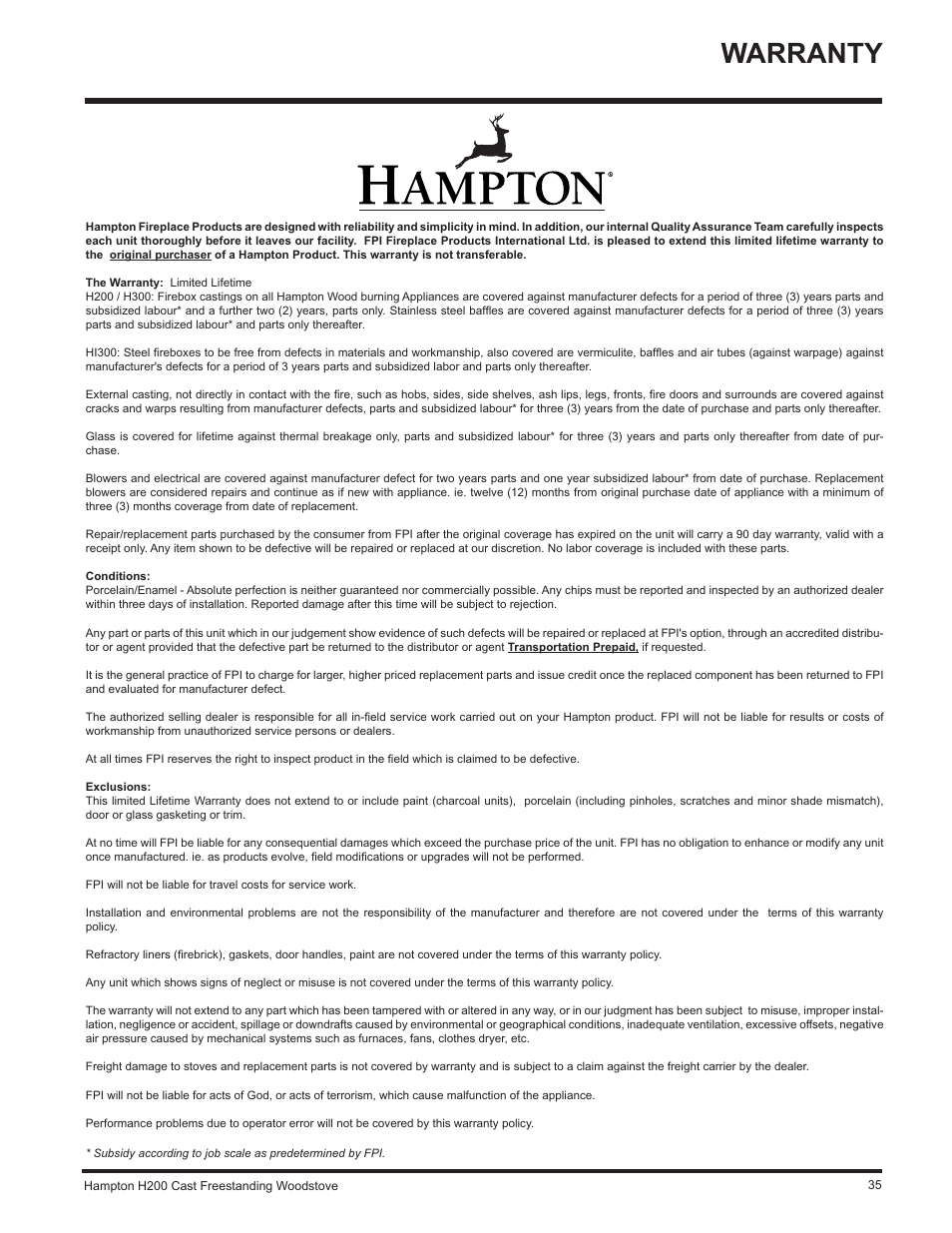 Warranty | Hampton Direct H200 User Manual | Page 35 / 36