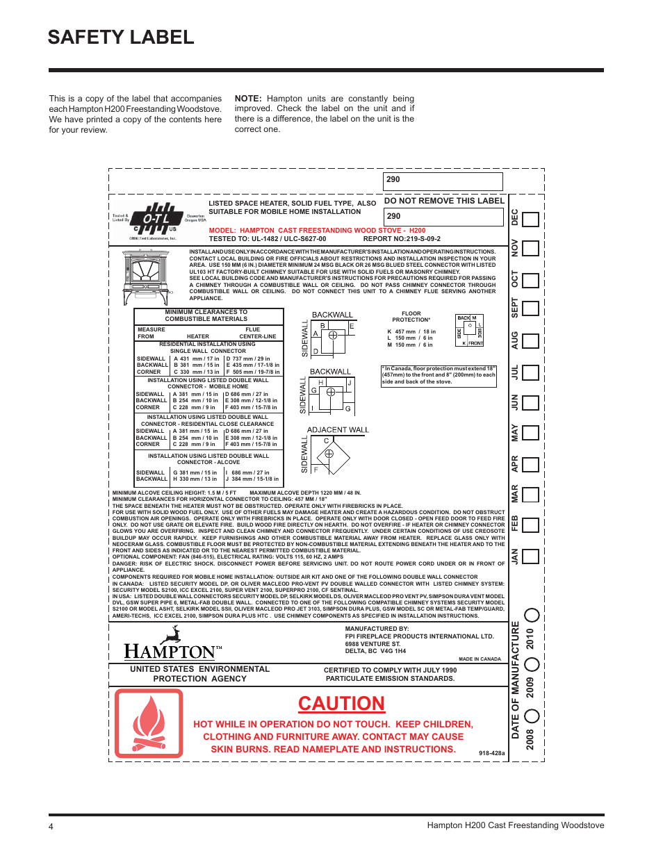 Safety label, Caution, Da te of manuf acture | Hampton Direct H200 User Manual | Page 4 / 36