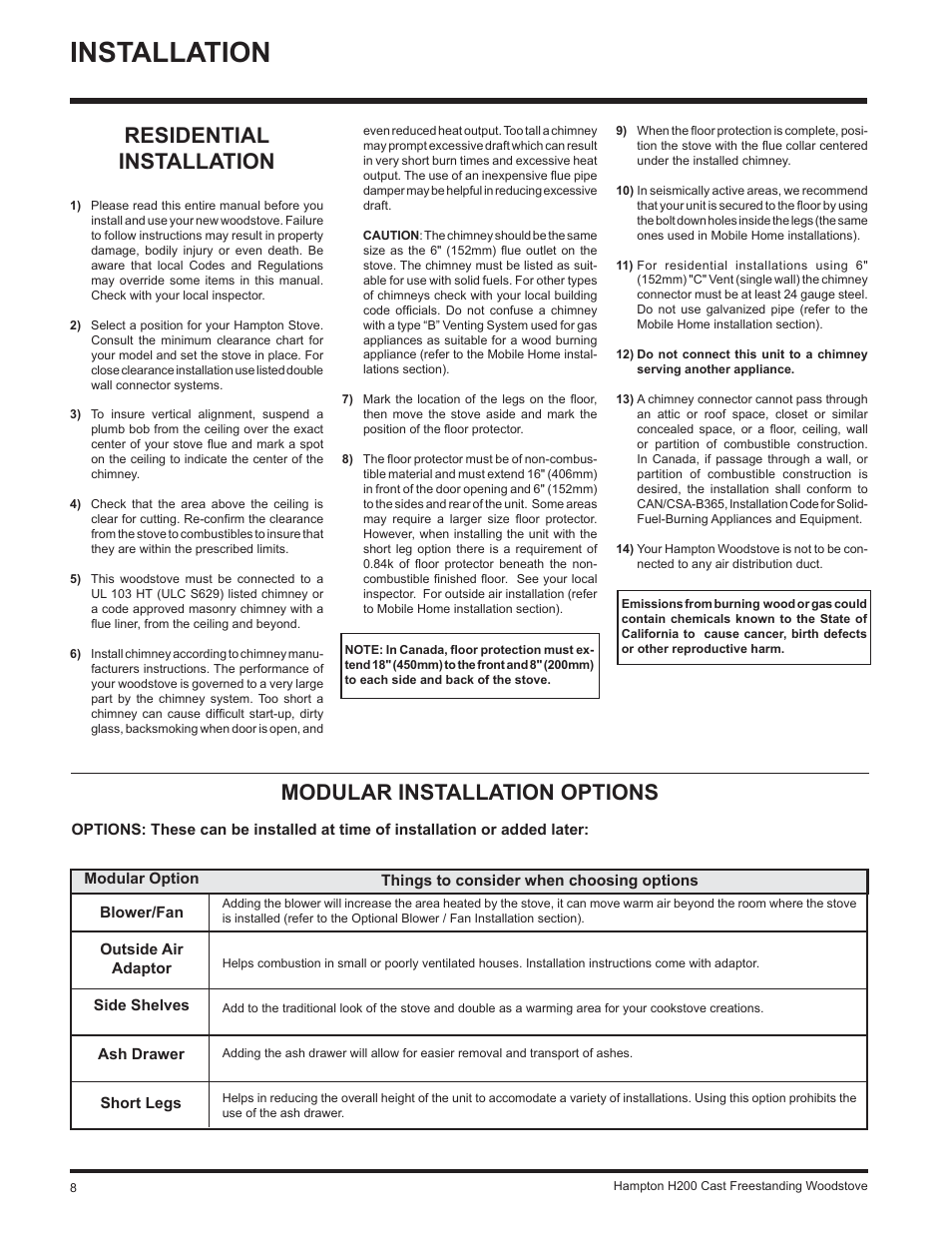 Installation, Residential installation, Modular installation options | Hampton Direct H200 User Manual | Page 8 / 36