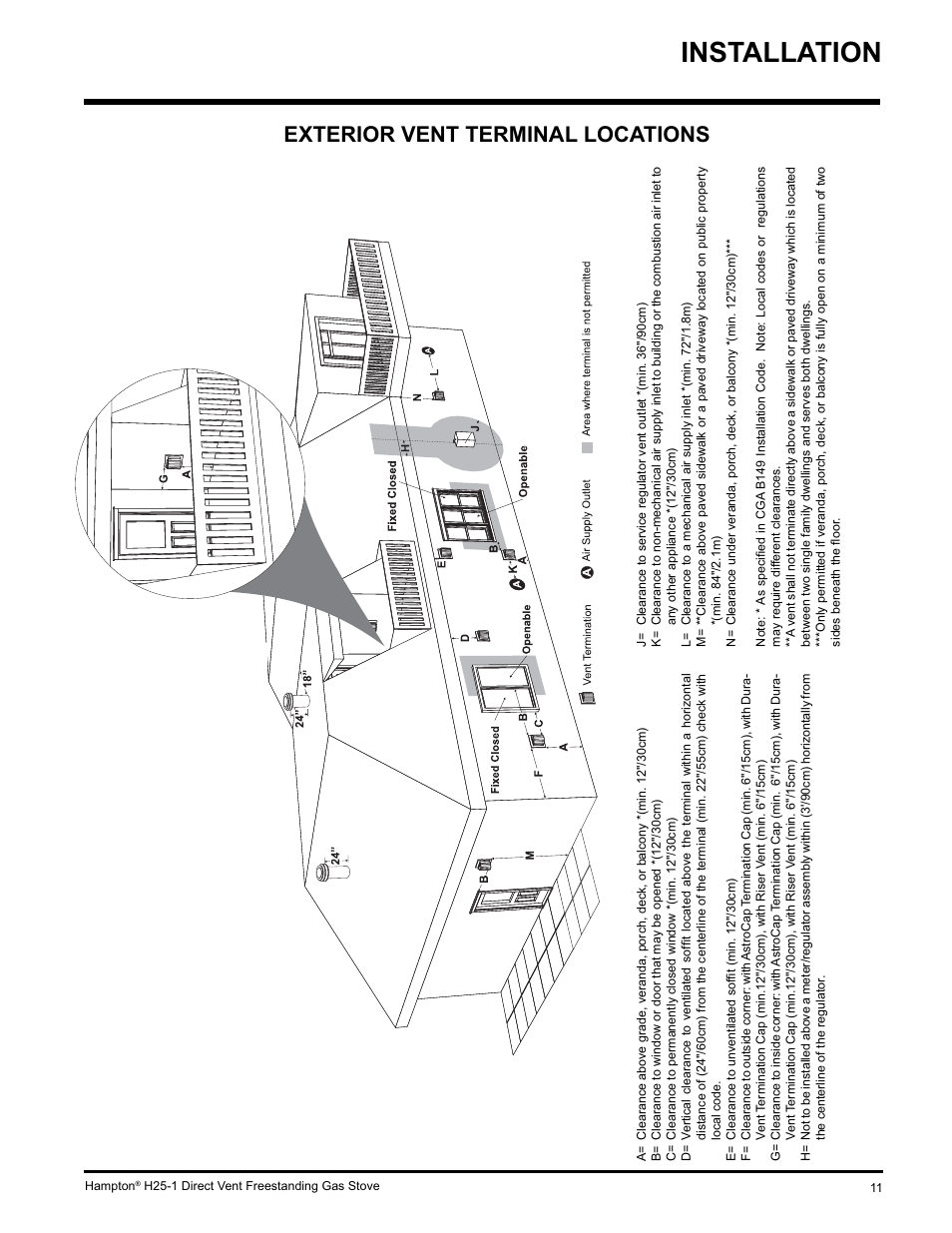 Installation, Exterior vent terminal locations | Hampton Direct H25-NG1 User Manual | Page 11 / 44