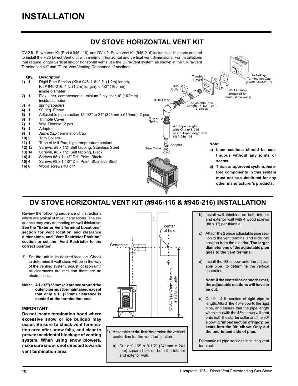 Installation, Dv stove horizontal vent kit | Hampton Direct H25-NG1 User Manual | Page 18 / 44