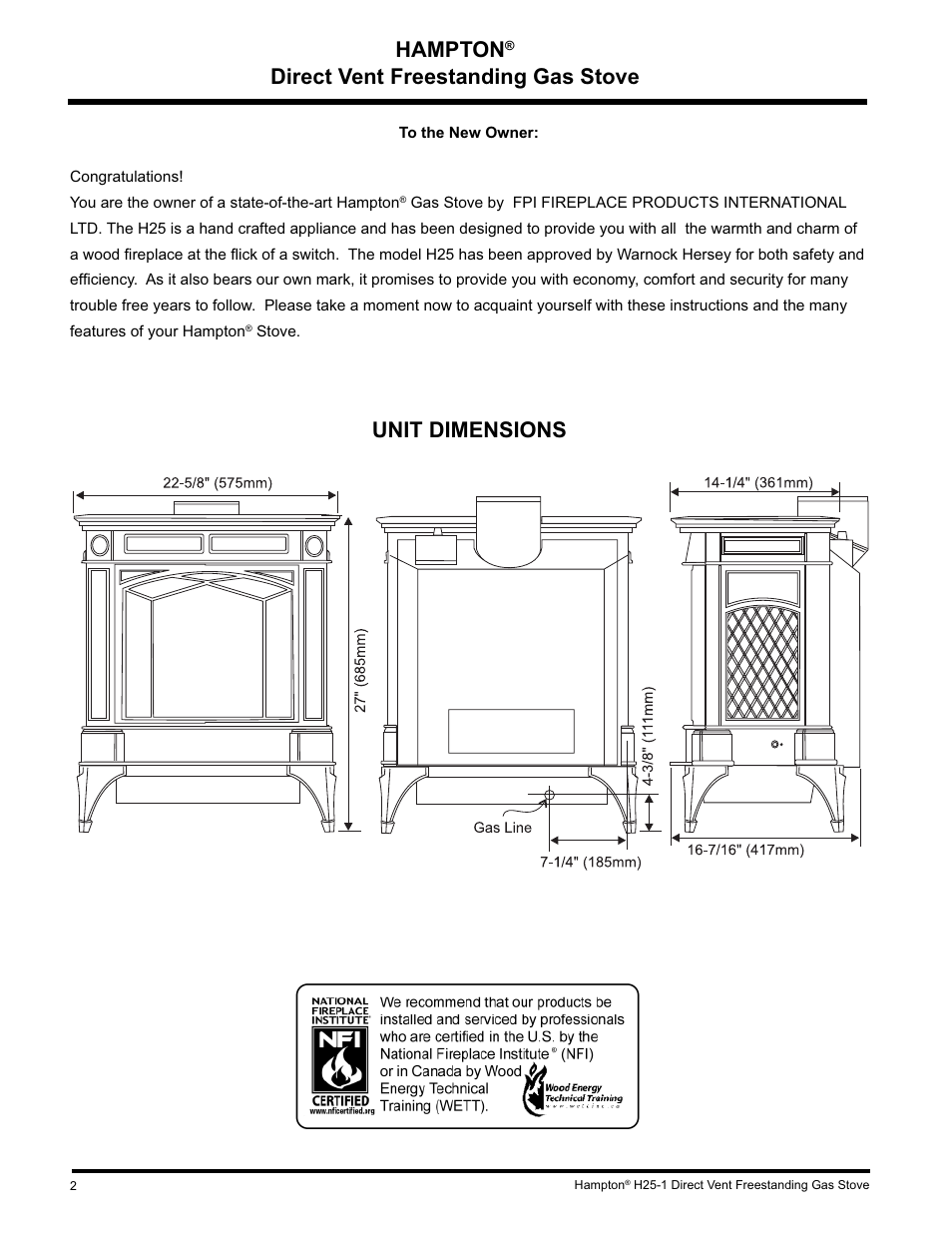 Hampton, Direct vent freestanding gas stove unit dimensions | Hampton Direct H25-NG1 User Manual | Page 2 / 44