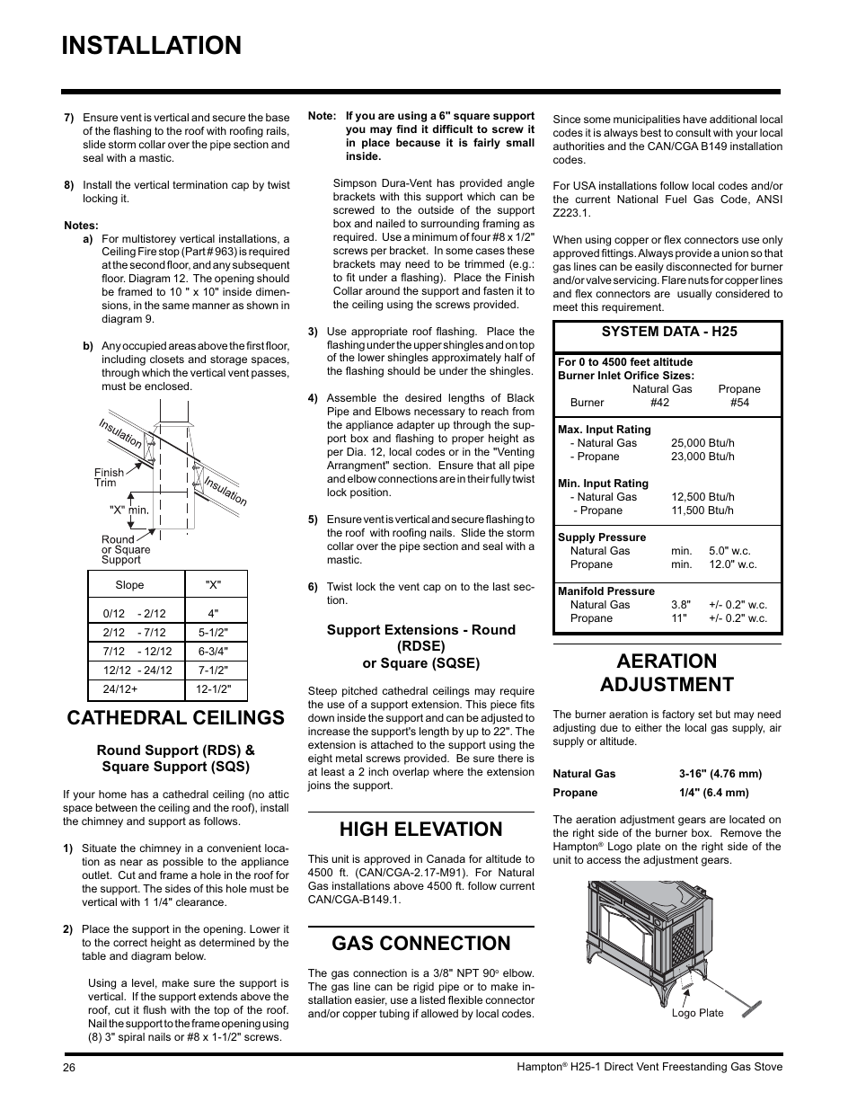 Installation, Aeration adjustment, High elevation | Gas connection, Cathedral ceilings | Hampton Direct H25-NG1 User Manual | Page 26 / 44