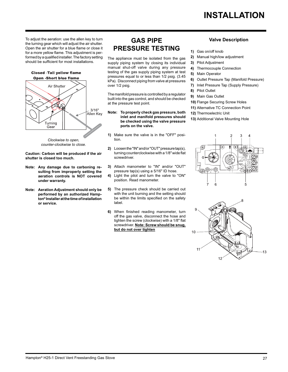 Installation, Gas pipe pressure testing | Hampton Direct H25-NG1 User Manual | Page 27 / 44