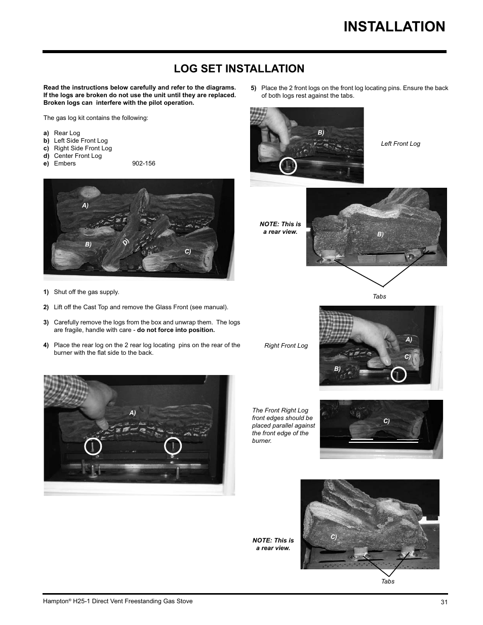 Installation, Log set installation | Hampton Direct H25-NG1 User Manual | Page 31 / 44