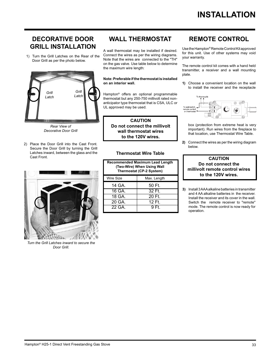 Installation, Remote control, Wall thermostat | Decorative door grill installation | Hampton Direct H25-NG1 User Manual | Page 33 / 44