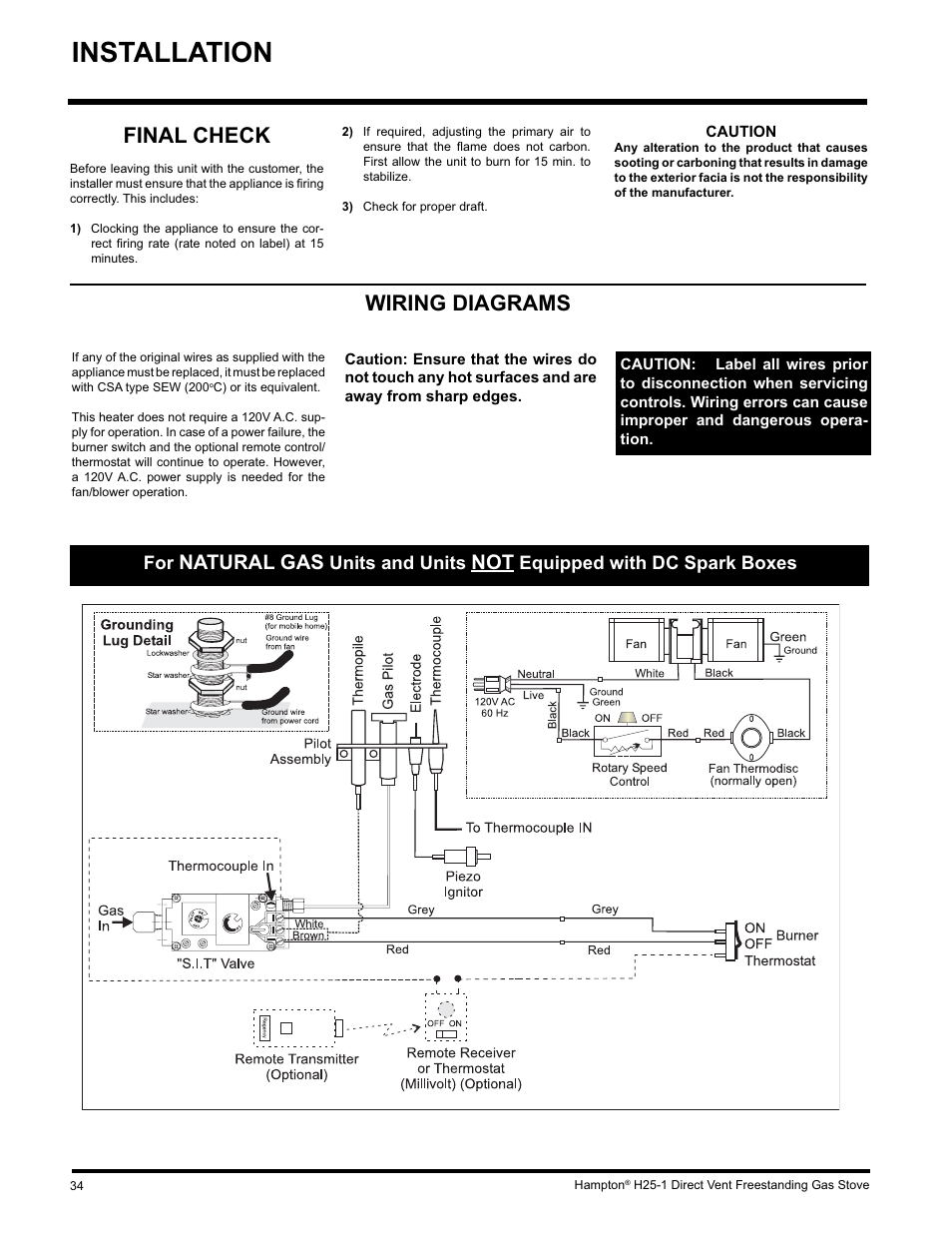 Installation, Wiring diagrams, Final check | Natural gas, Units and units, Equipped with dc spark boxes | Hampton Direct H25-NG1 User Manual | Page 34 / 44