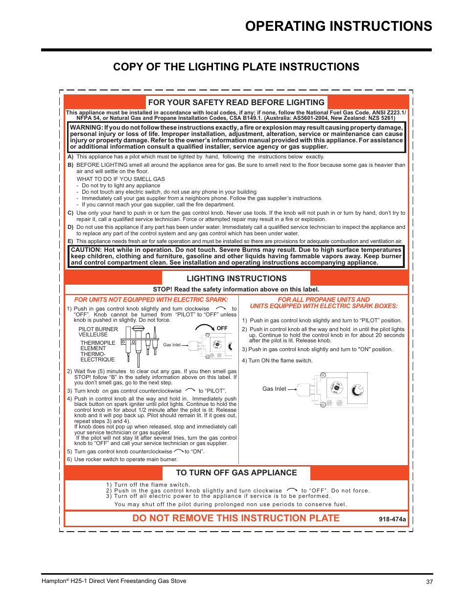 Operating instructions, Copy of the lighting plate instructions, Do not remove this instruction plate | For your safety read before lighting, Lighting instructions to turn off gas appliance | Hampton Direct H25-NG1 User Manual | Page 37 / 44
