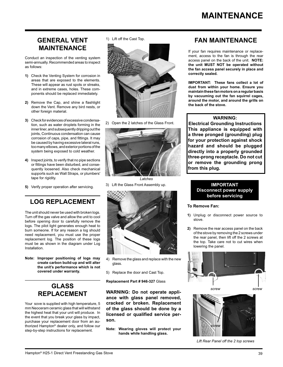 Maintenance, Fan maintenance, General vent maintenance | Log replacement, Glass replacement | Hampton Direct H25-NG1 User Manual | Page 39 / 44