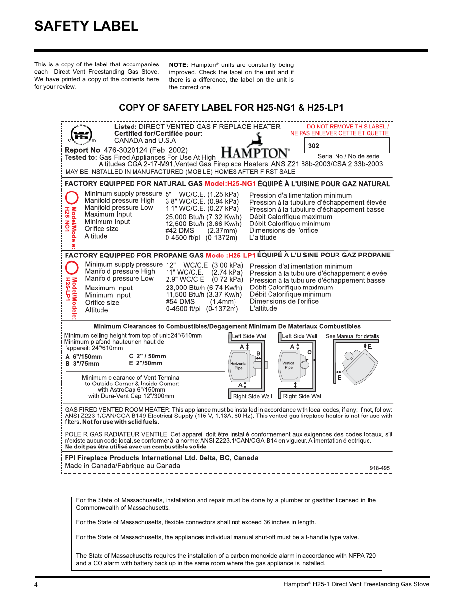 Safety label | Hampton Direct H25-NG1 User Manual | Page 4 / 44