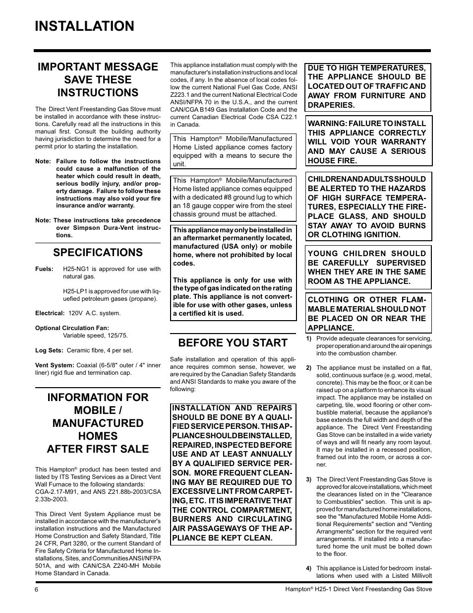 Installation, Important message save these instructions, Specifications | Before you start | Hampton Direct H25-NG1 User Manual | Page 6 / 44