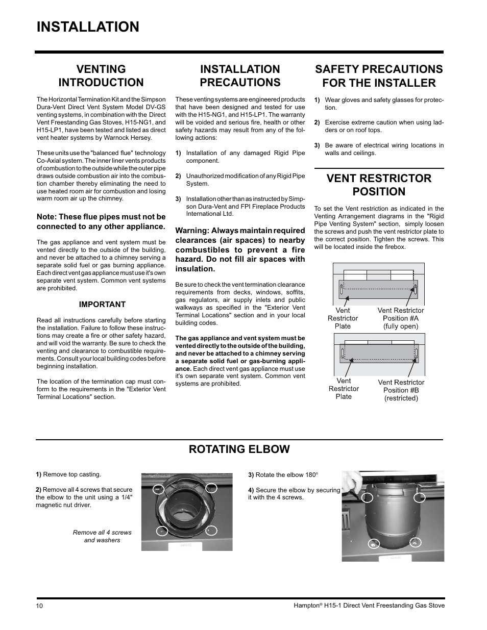 Installation, Installation precautions, Venting introduction | Safety precautions for the installer, Vent restrictor position, Rotating elbow | Hampton Direct H15-LP1 User Manual | Page 10 / 48