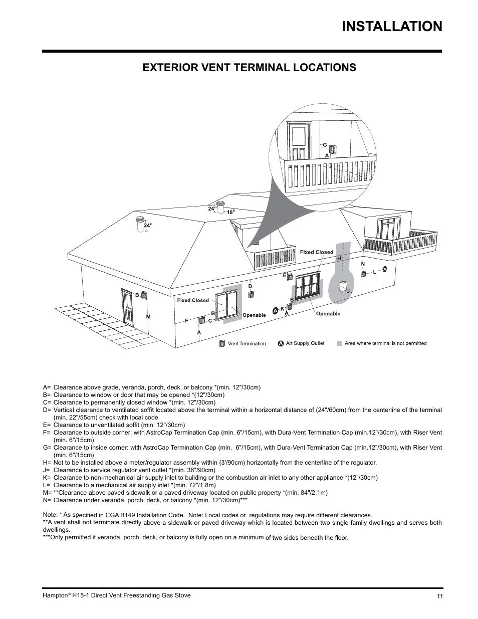 Installation, Exterior vent terminal locations | Hampton Direct H15-LP1 User Manual | Page 11 / 48