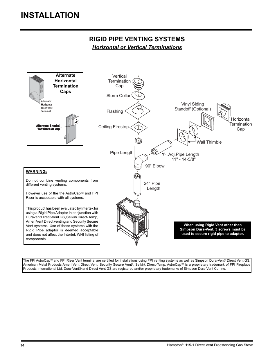 Installation, Rigid pipe venting systems, Horizontal or vertical terminations | Hampton Direct H15-LP1 User Manual | Page 14 / 48