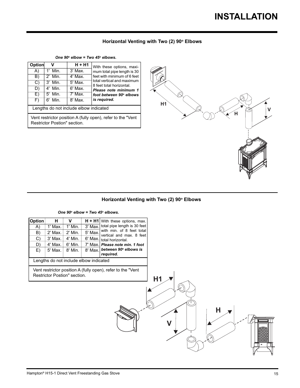 Installation, H1 h v | Hampton Direct H15-LP1 User Manual | Page 15 / 48