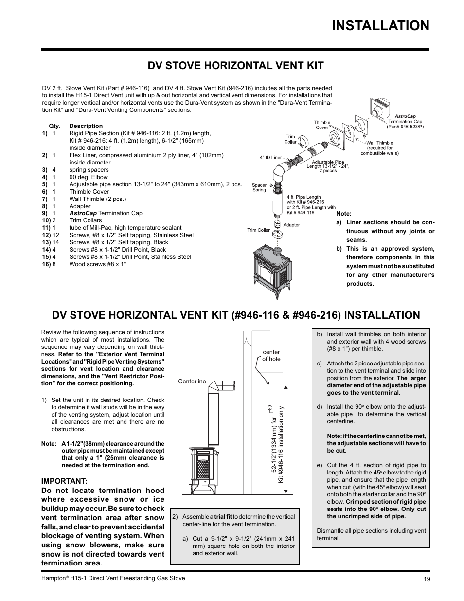 Installation, Dv stove horizontal vent kit | Hampton Direct H15-LP1 User Manual | Page 19 / 48