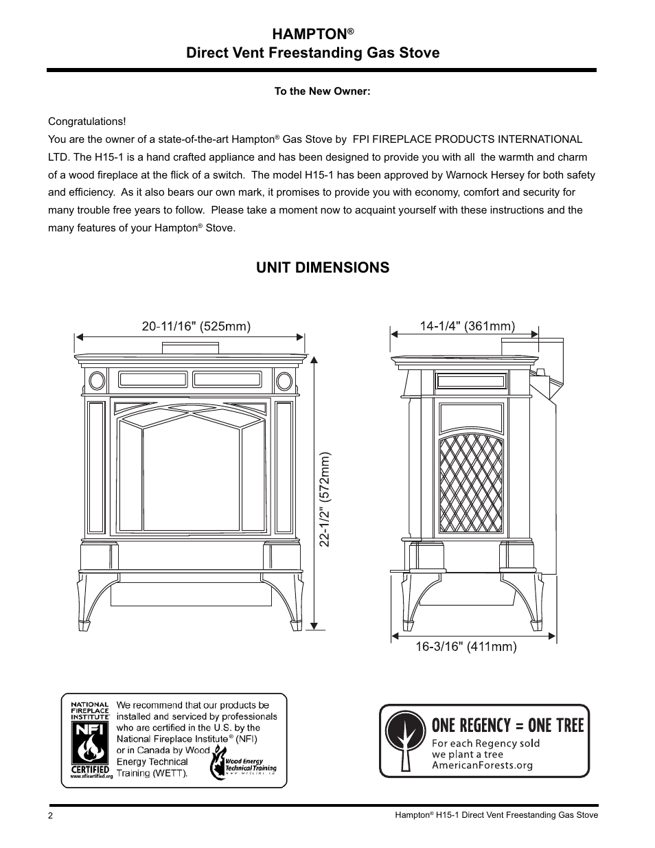 Hampton, Direct vent freestanding gas stove unit dimensions | Hampton Direct H15-LP1 User Manual | Page 2 / 48