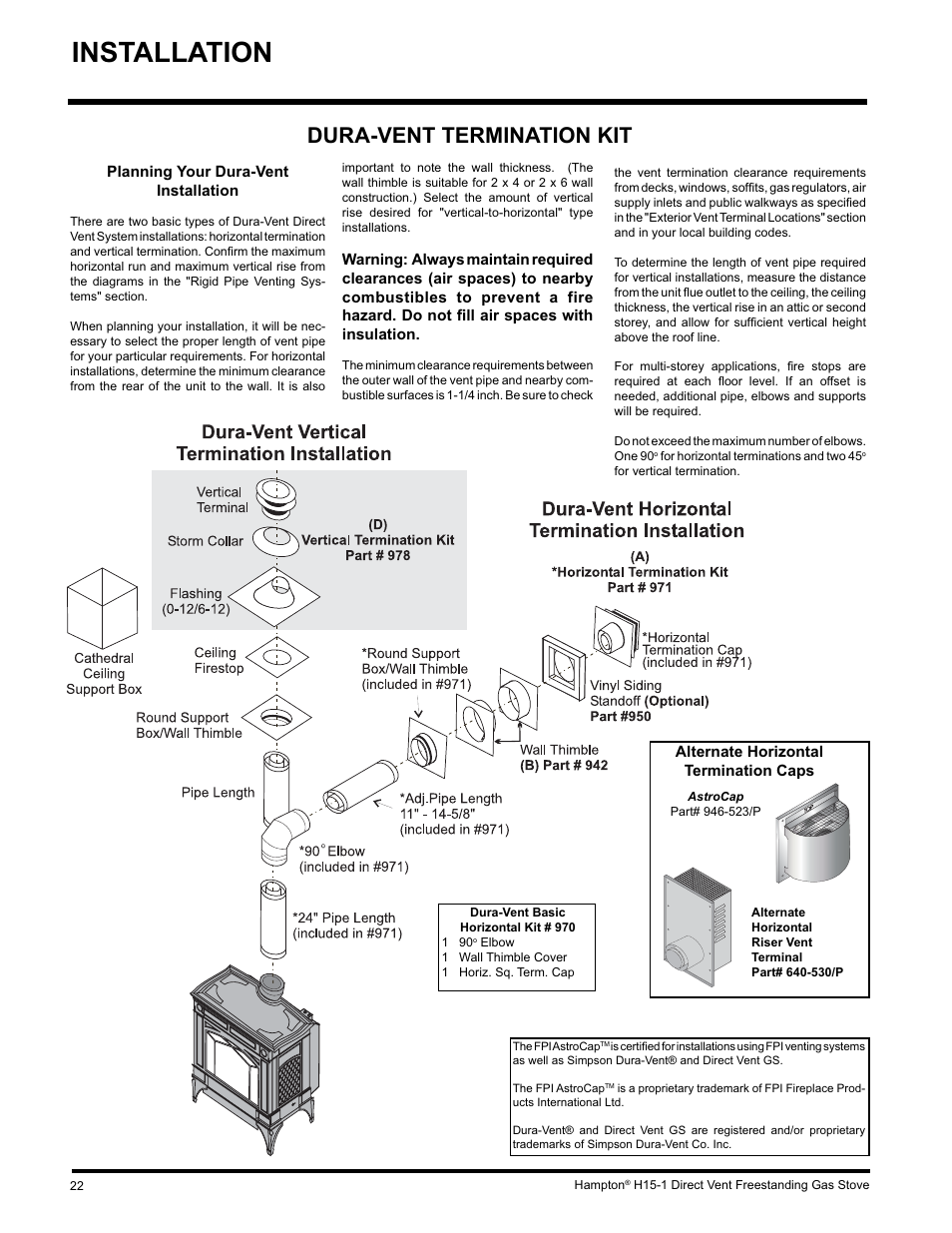 Installation, Dura-vent termination kit | Hampton Direct H15-LP1 User Manual | Page 22 / 48