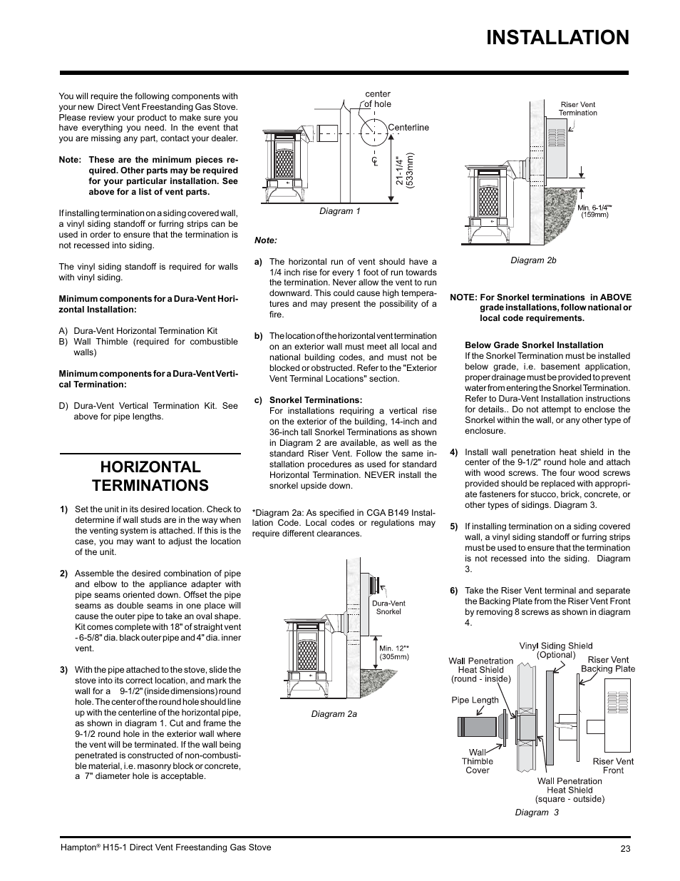 Installation, Horizontal terminations | Hampton Direct H15-LP1 User Manual | Page 23 / 48