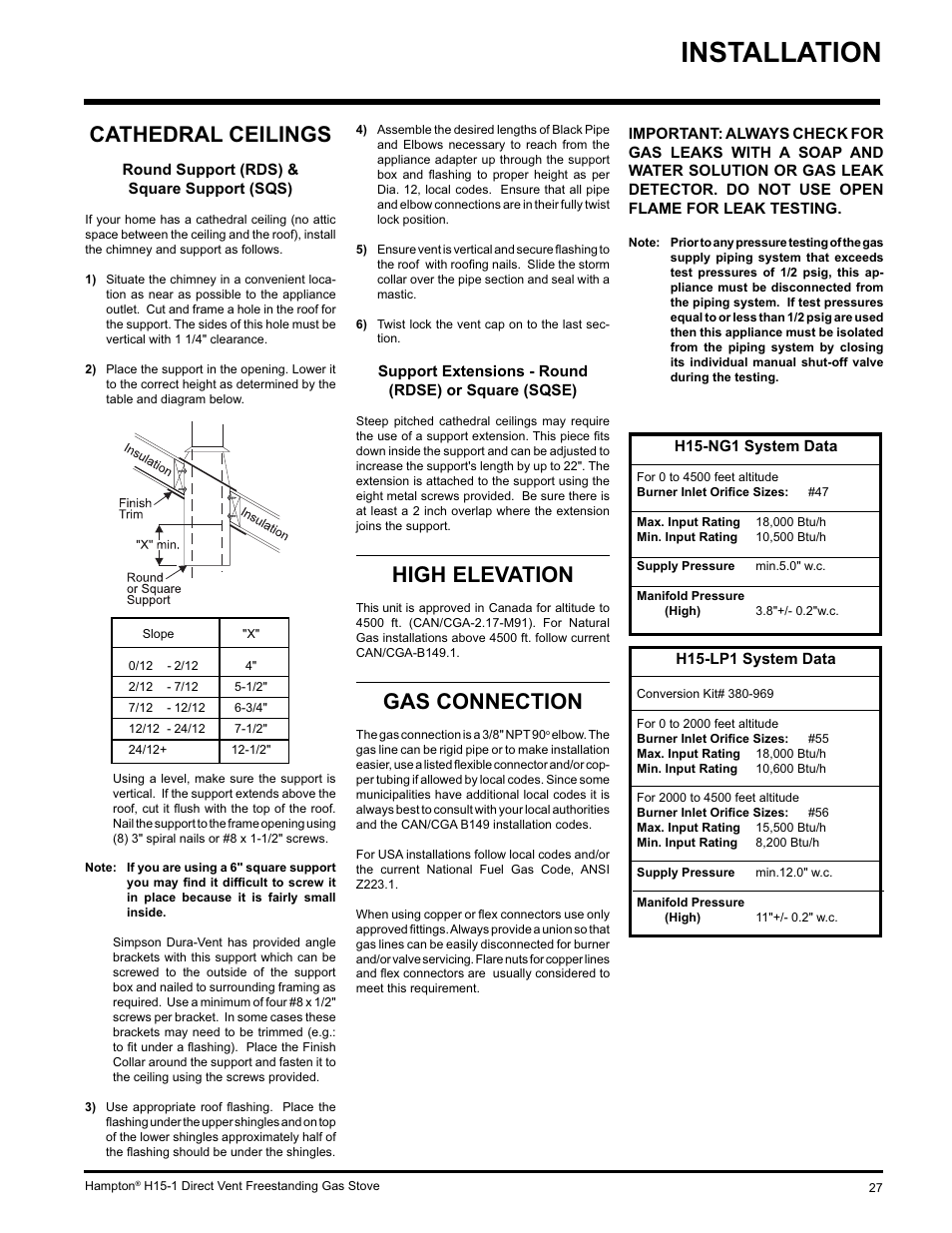 Installation, High elevation, Gas connection | Cathedral ceilings | Hampton Direct H15-LP1 User Manual | Page 27 / 48