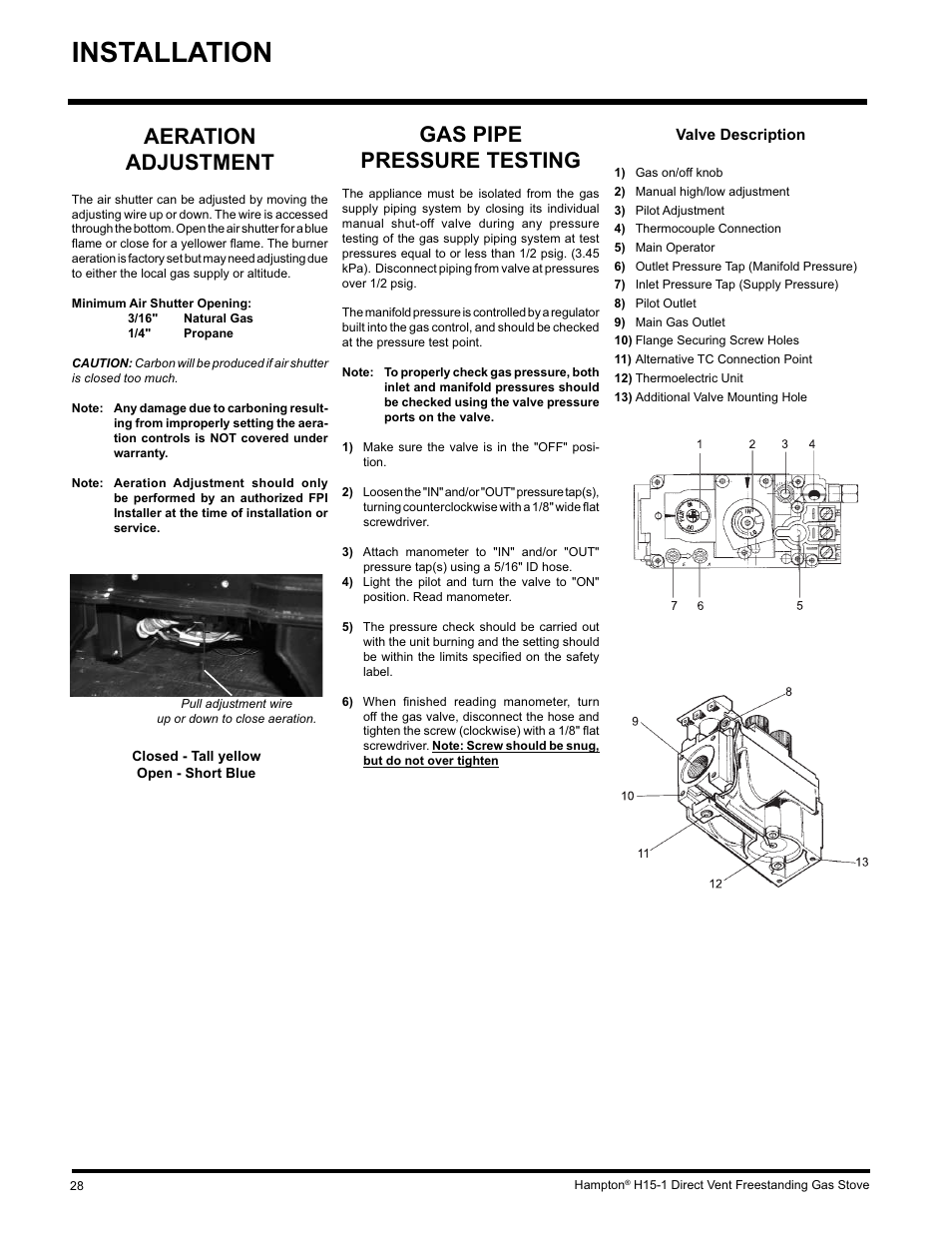 Installation, Gas pipe pressure testing, Aeration adjustment | Hampton Direct H15-LP1 User Manual | Page 28 / 48