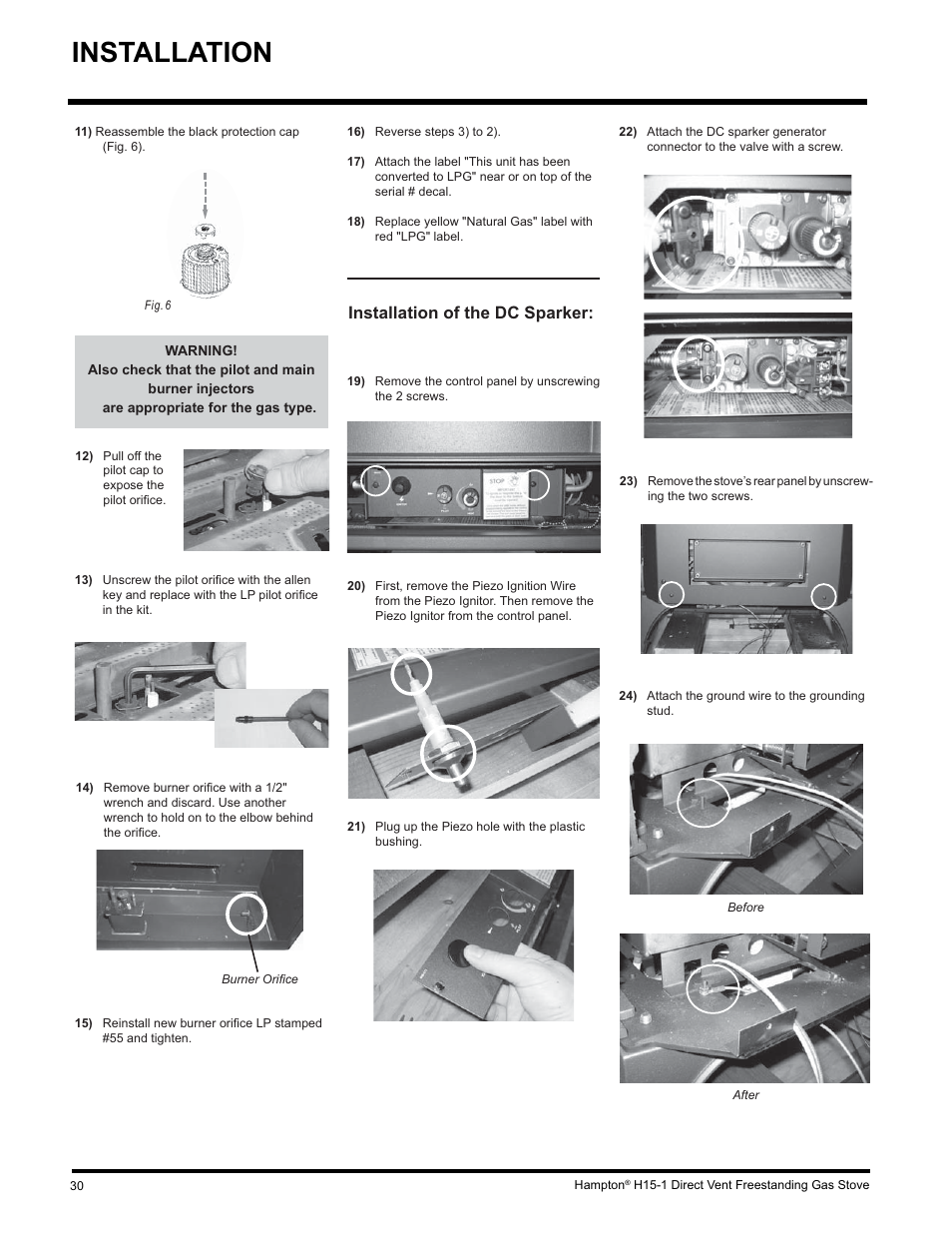 Installation, Installation of the dc sparker | Hampton Direct H15-LP1 User Manual | Page 30 / 48