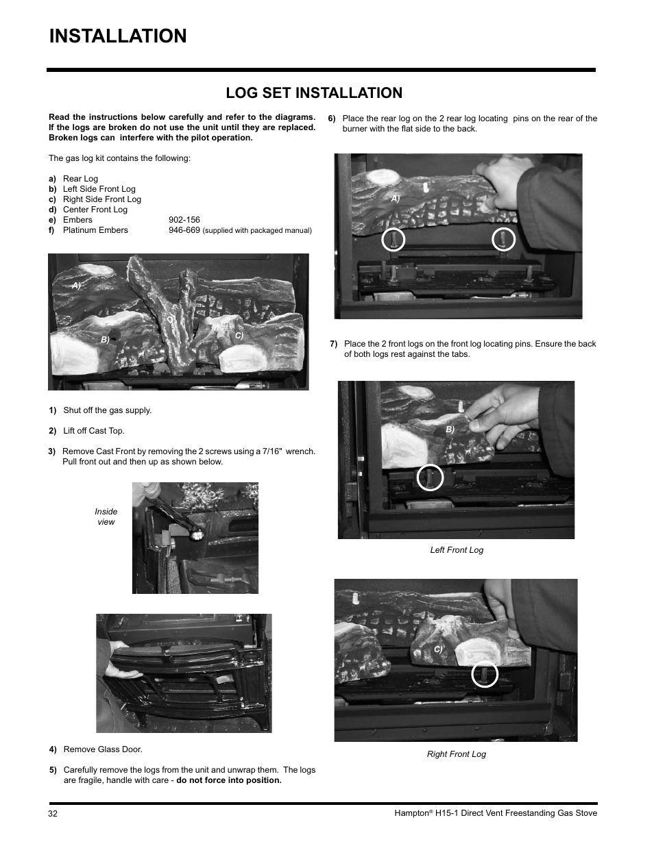 Installation, Log set installation | Hampton Direct H15-LP1 User Manual | Page 32 / 48