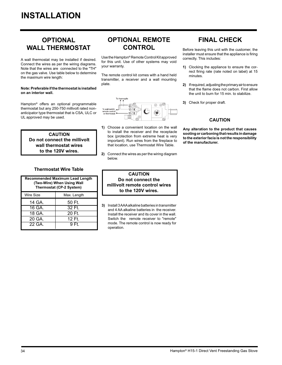 Installation, Optional remote control, Optional wall thermostat | Final check | Hampton Direct H15-LP1 User Manual | Page 34 / 48