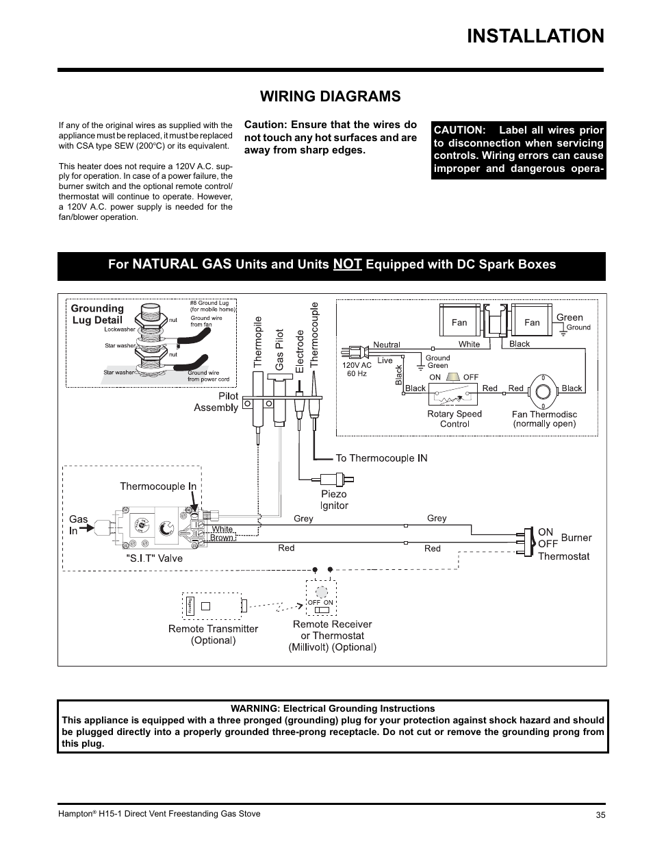 Installation, Wiring diagrams, Natural gas | Hampton Direct H15-LP1 User Manual | Page 35 / 48