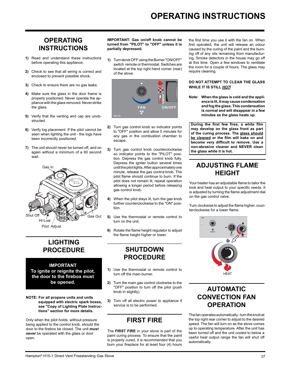 Operating instructions, Automatic convection fan operation, Adjusting flame height | Shutdown procedure, First fire, Lighting procedure | Hampton Direct H15-LP1 User Manual | Page 37 / 48