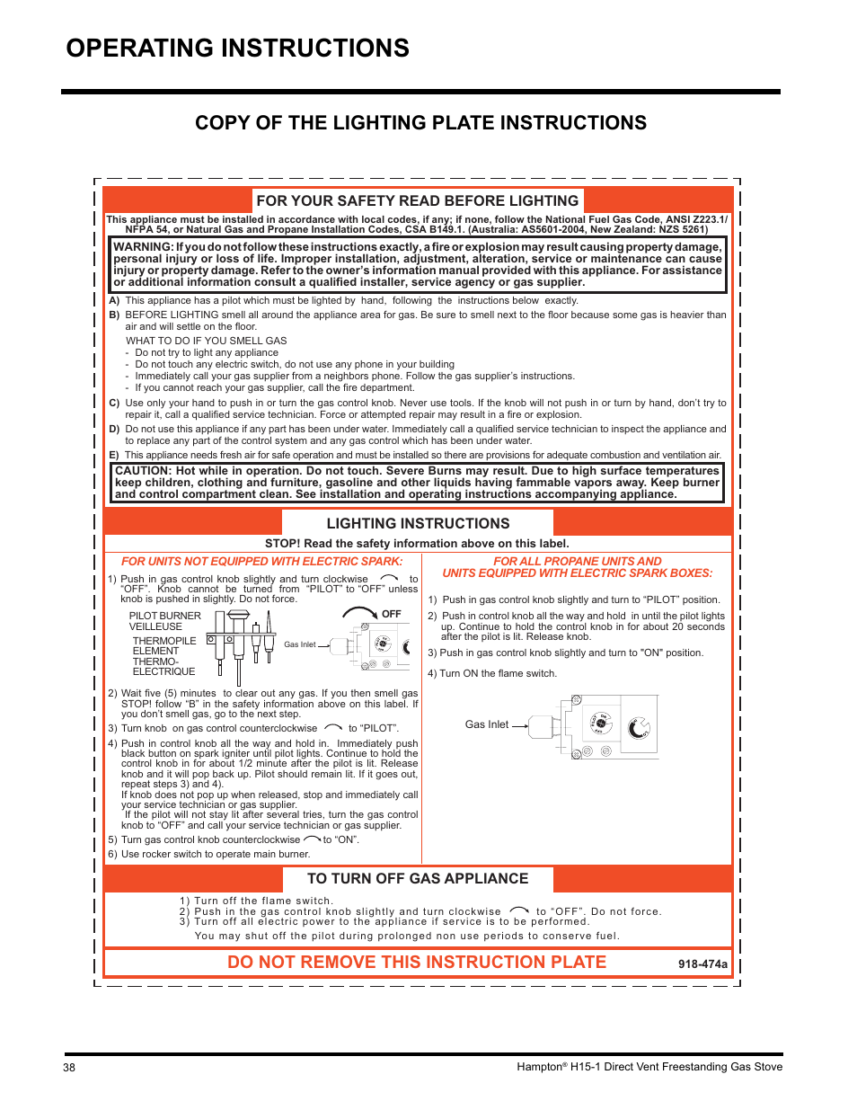 Operating instructions, Copy of the lighting plate instructions, Do not remove this instruction plate | For your safety read before lighting, Lighting instructions to turn off gas appliance | Hampton Direct H15-LP1 User Manual | Page 38 / 48