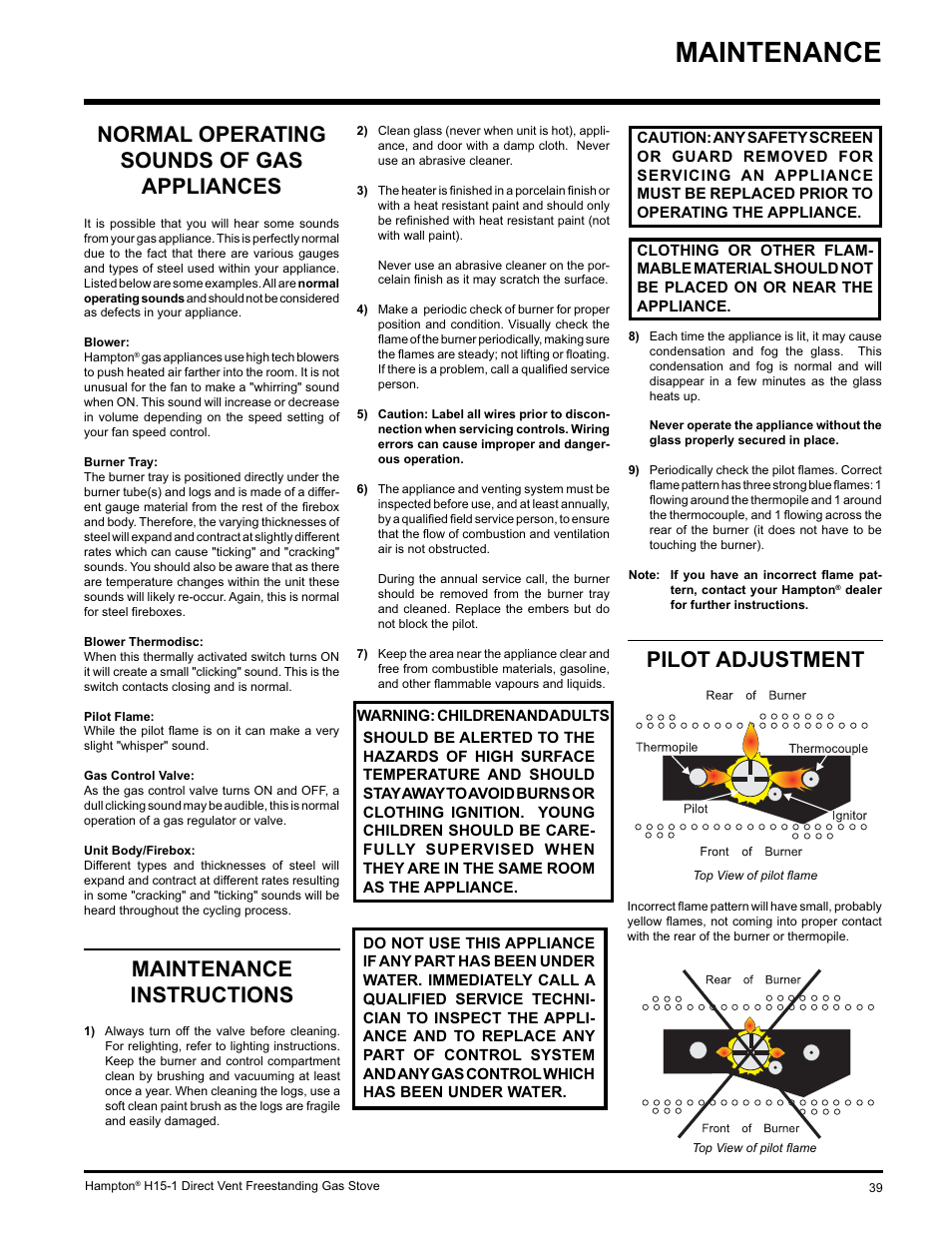 Maintenance, Maintenance instructions, Normal operating sounds of gas appliances | Pilot adjustment | Hampton Direct H15-LP1 User Manual | Page 39 / 48