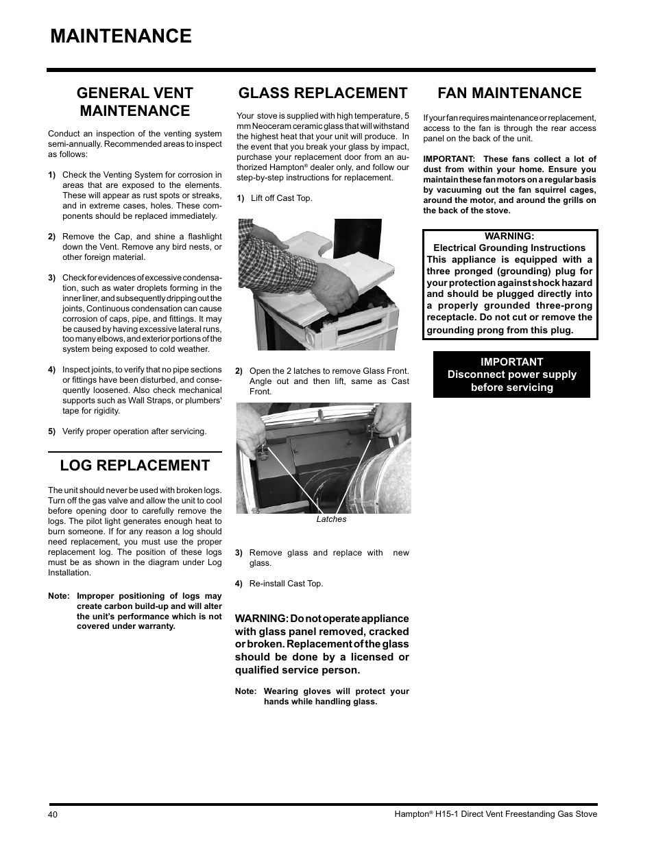 Maintenance, Fan maintenance, General vent maintenance | Log replacement, Glass replacement | Hampton Direct H15-LP1 User Manual | Page 40 / 48