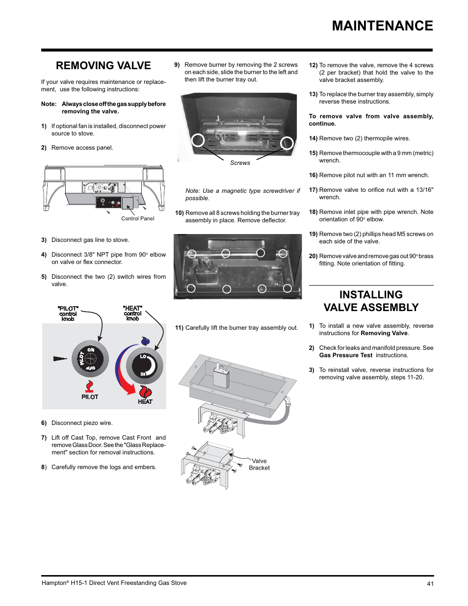 Maintenance, Removing valve, Installing valve assembly | Hampton Direct H15-LP1 User Manual | Page 41 / 48