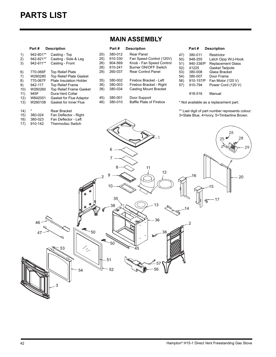 Parts list, Main assembly | Hampton Direct H15-LP1 User Manual | Page 42 / 48