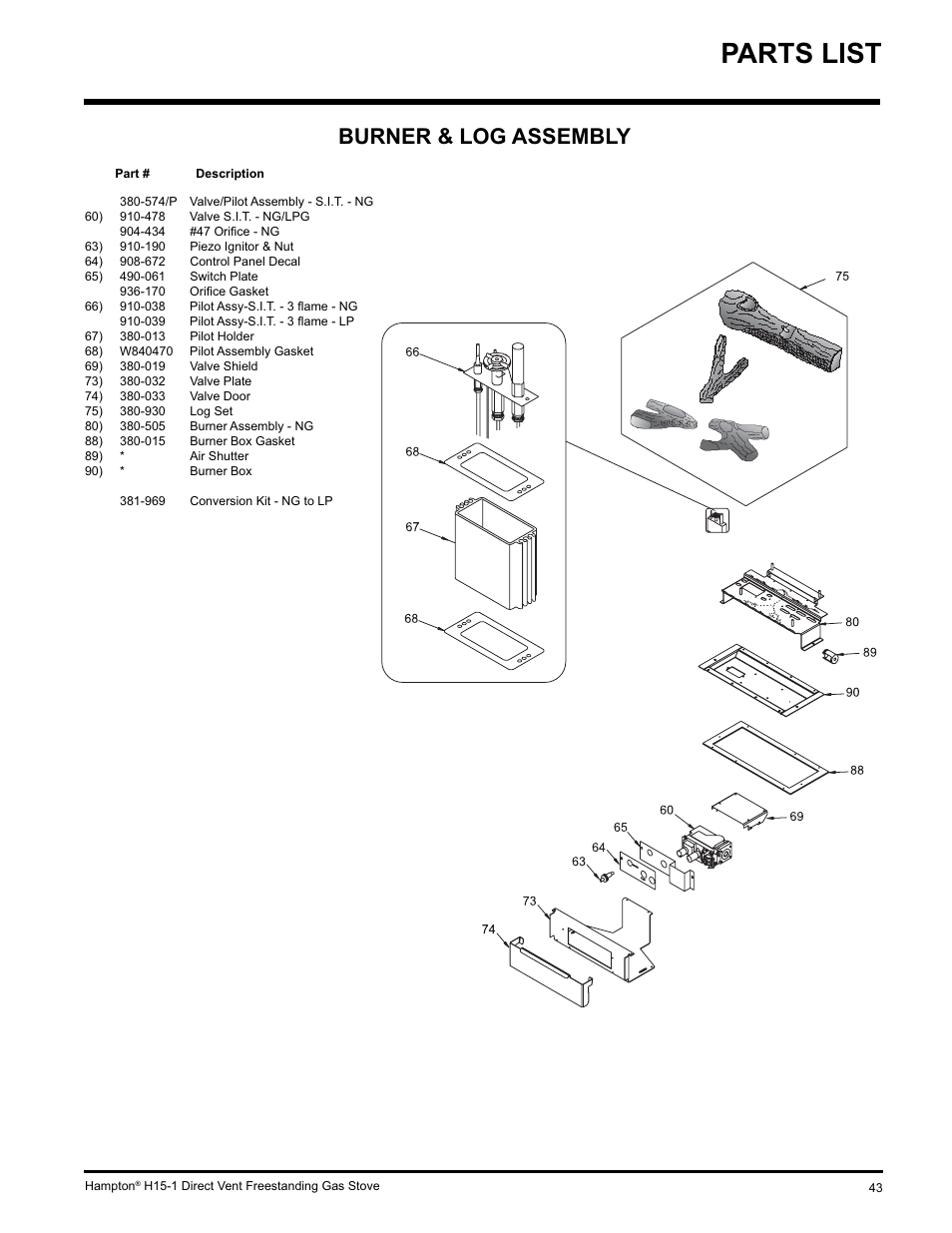 Parts list, Burner & log assembly | Hampton Direct H15-LP1 User Manual | Page 43 / 48