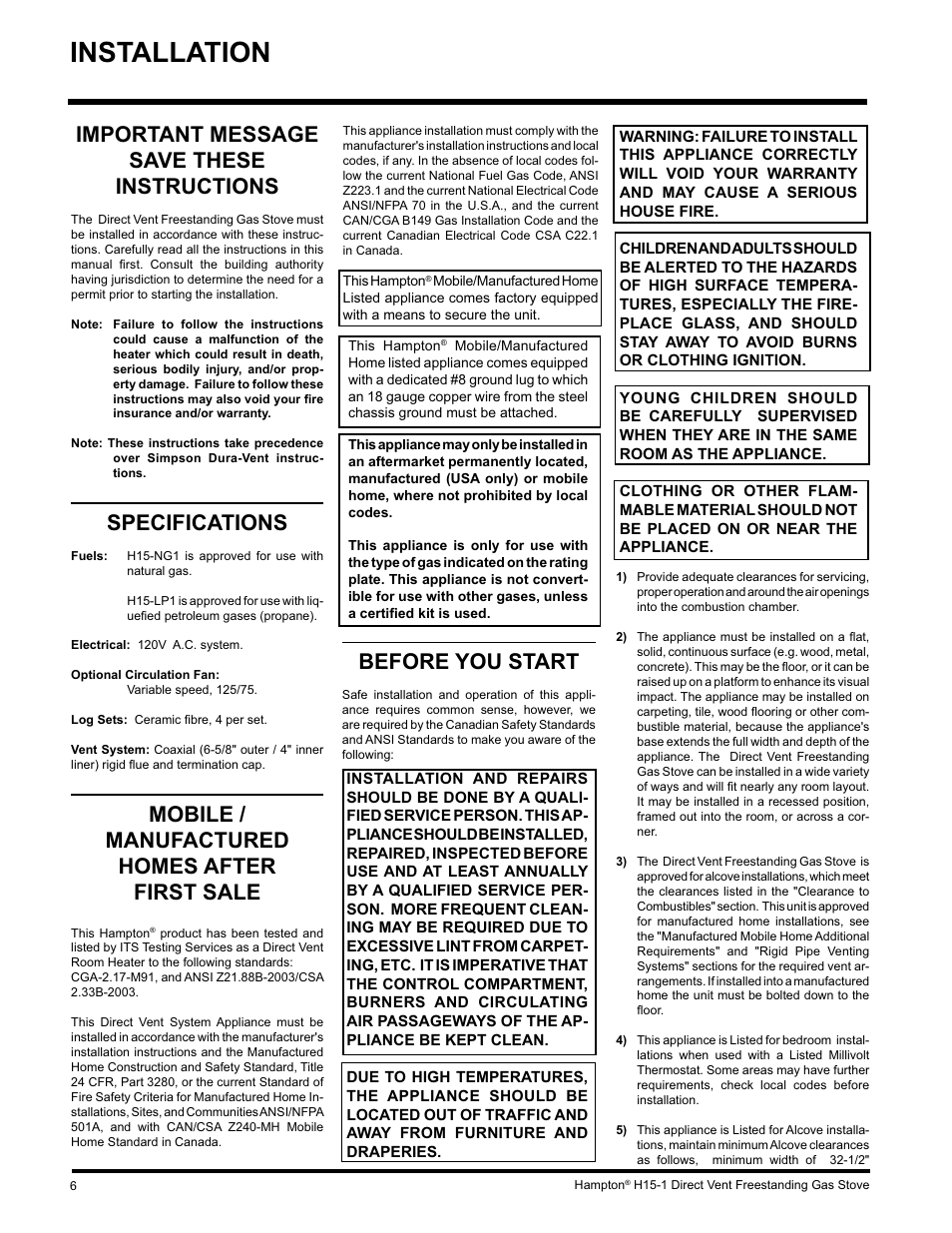 Installation, Important message save these instructions, Specifications | Mobile / manufactured homes after first sale, Before you start | Hampton Direct H15-LP1 User Manual | Page 6 / 48