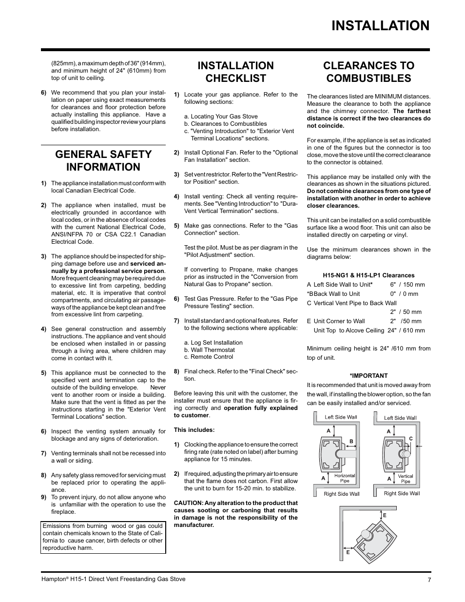 Installation, General safety information, Installation checklist | Clearances to combustibles | Hampton Direct H15-LP1 User Manual | Page 7 / 48