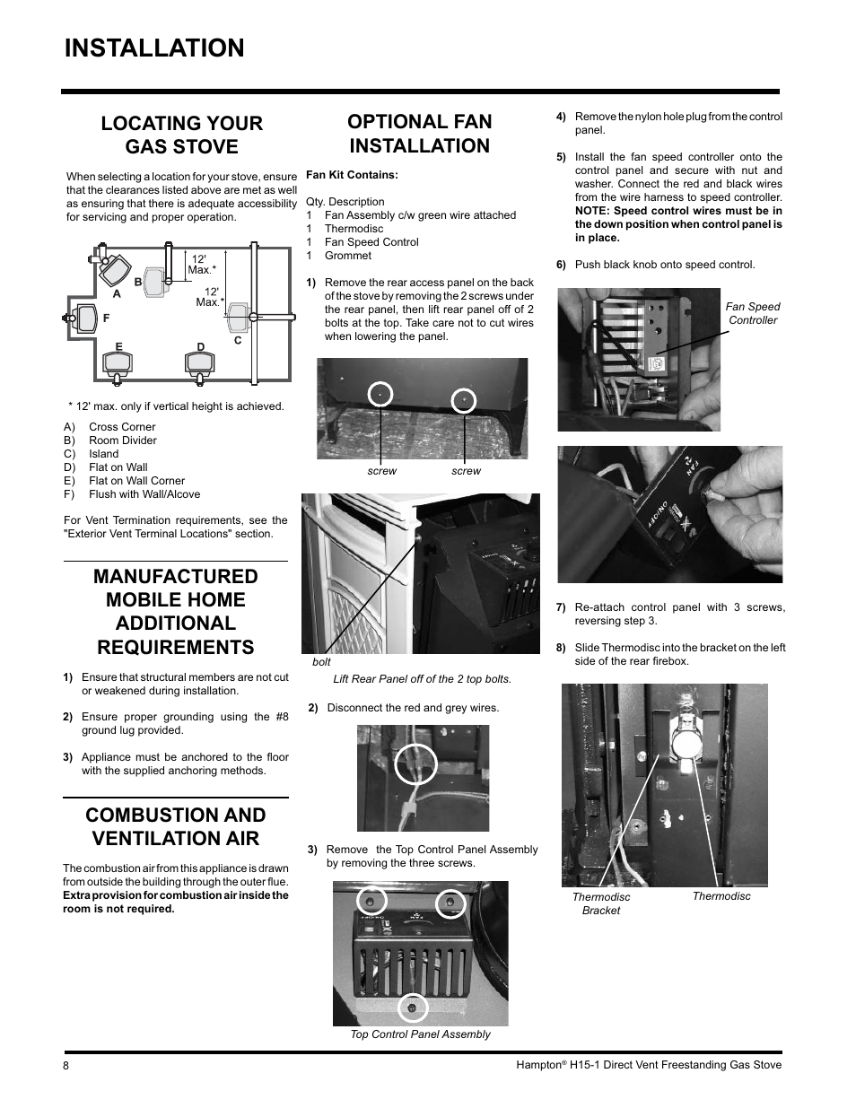 Installation, Locating your gas stove, Manufactured mobile home additional requirements | Combustion and ventilation air, Optional fan installation | Hampton Direct H15-LP1 User Manual | Page 8 / 48