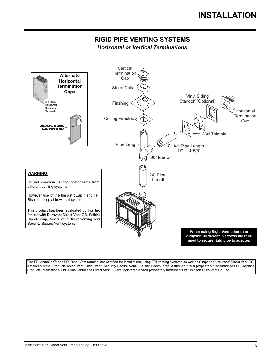 Installation, Rigid pipe venting systems, Horizontal or vertical terminations | Hampton Direct H35-NG1 User Manual | Page 13 / 48