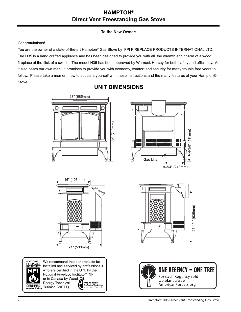 Hampton, Direct vent freestanding gas stove unit dimensions | Hampton Direct H35-NG1 User Manual | Page 2 / 48