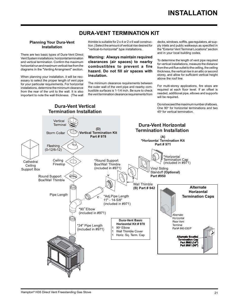 Installation, Dura-vent termination kit | Hampton Direct H35-NG1 User Manual | Page 21 / 48