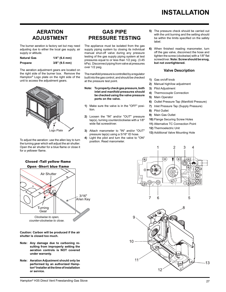 Installation, Gas pipe pressure testing, Aeration adjustment | Hampton Direct H35-NG1 User Manual | Page 27 / 48