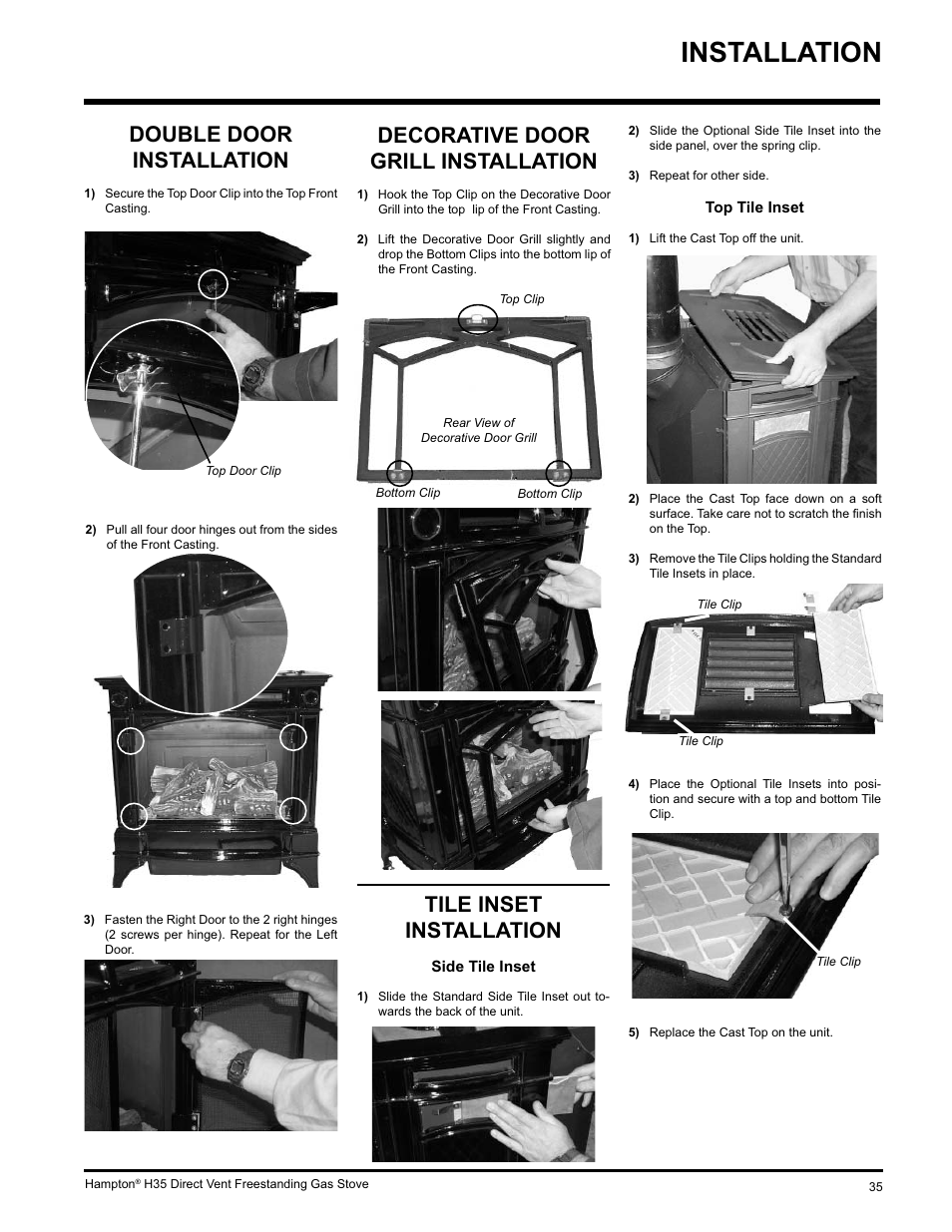Installation, Double door installation, Decorative door grill installation | Tile inset installation | Hampton Direct H35-NG1 User Manual | Page 35 / 48